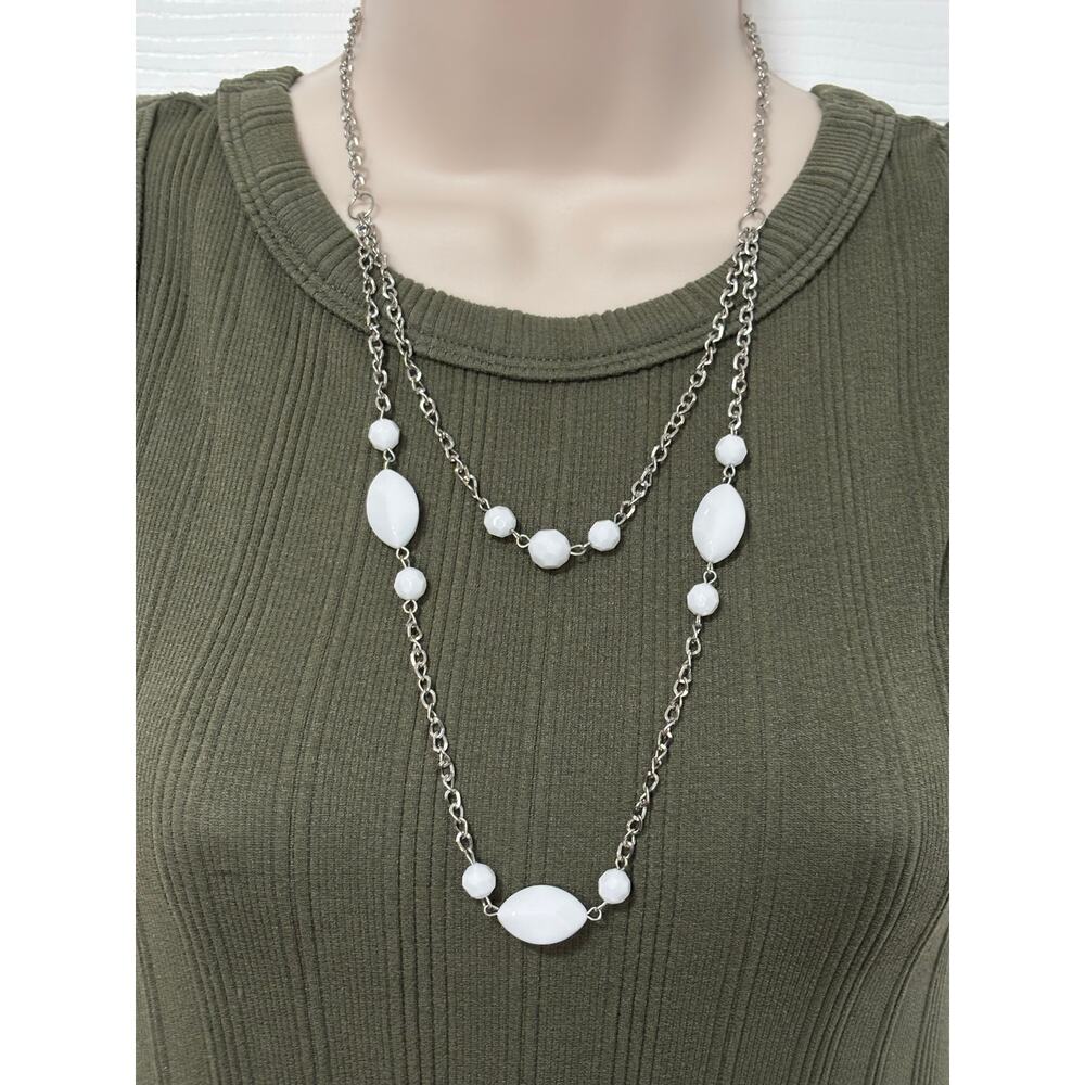 Women's Silver Tone Chain White Beaded Layered Necklace Timeless Classic BOHO